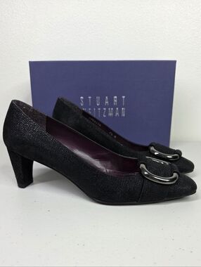 Stuart Weitzman "The Tube" Black Textured Leather Buckle Heels Pumps
